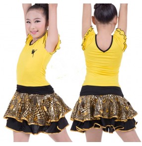 Yellow fuchsia hot pink black split set sequins girls kids children performance competition latin salsa cha dance dresses outfits sets